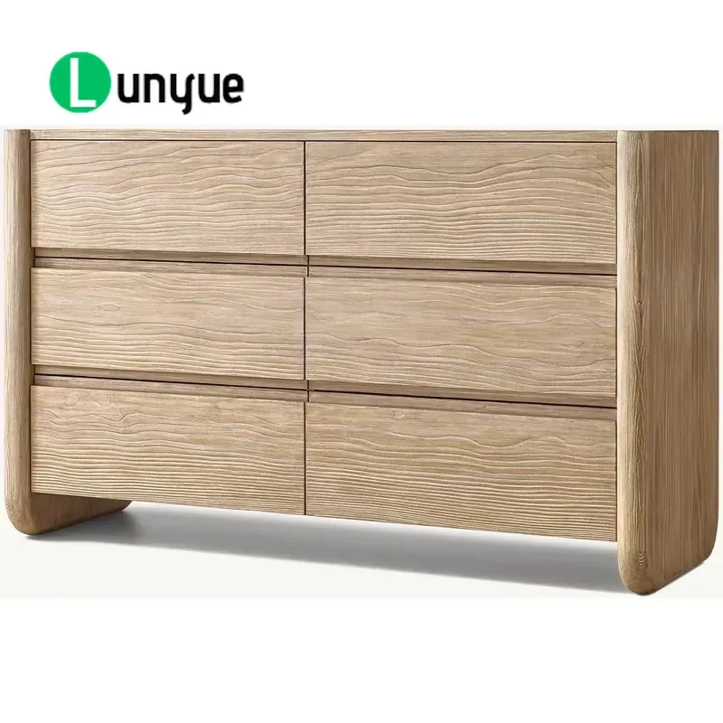 Modern Weathered Oak Solid Wood Six Drawer Dresser Curved Handleless Wide Cabinet for Bedroom Living Room Storage Furniture