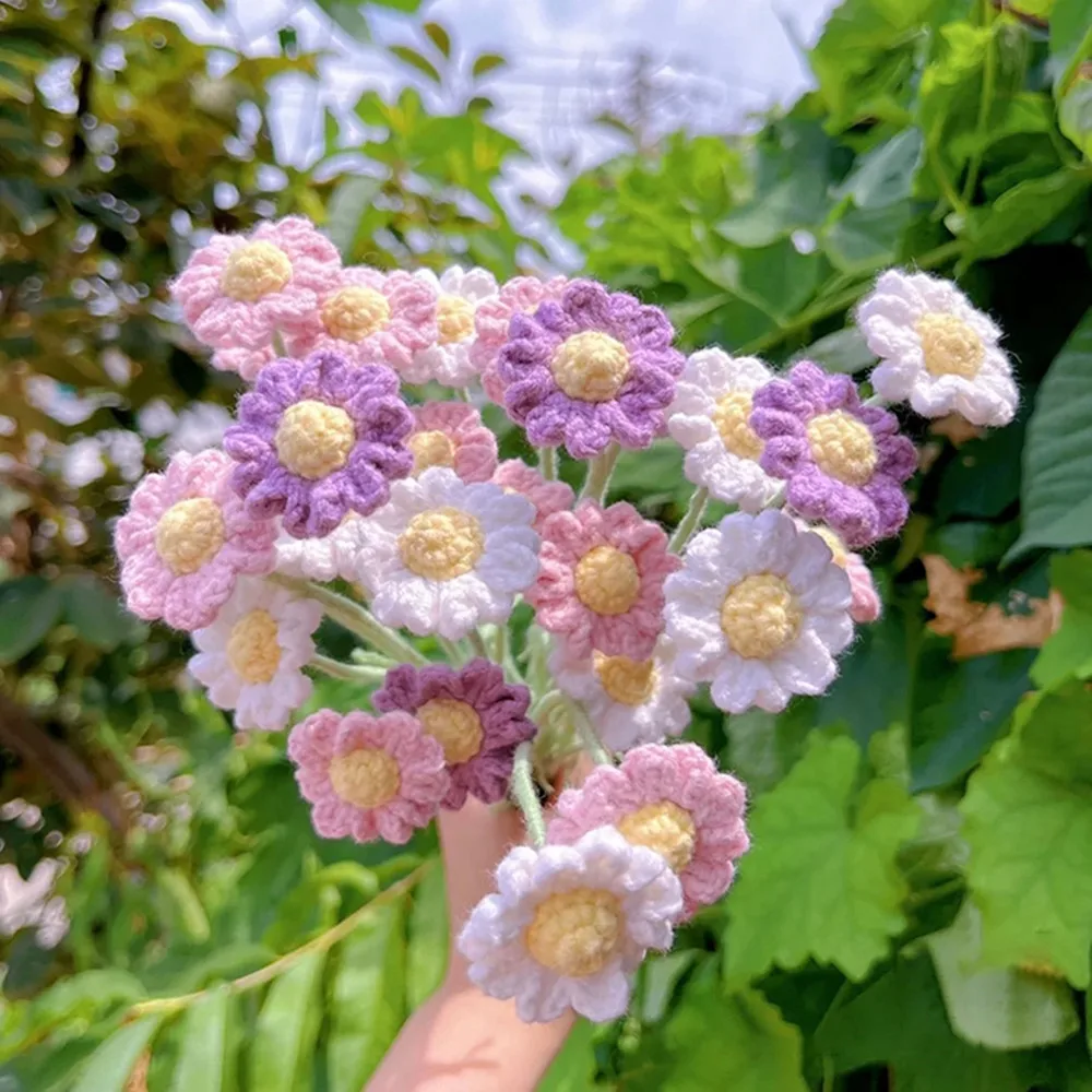 

10 шт. Искусственные цветы-маргаритки ручной работы из шерстяной пряжи, вязаные крючком, имитация текстильных цветов, букет для домашнего декора