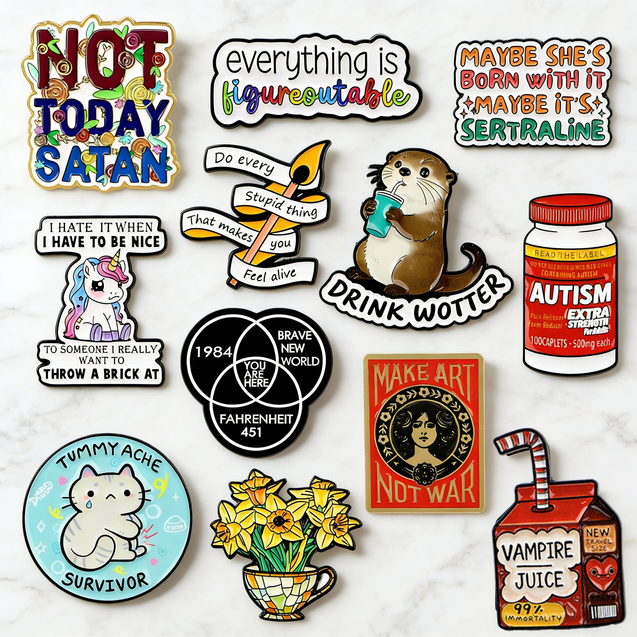 Vampire Juice Enamel Pin Cartoon Cat Otter Brooches Badges Funny Autism Extra Strength Brooch for Clothes Fashion Jewelry Gifts