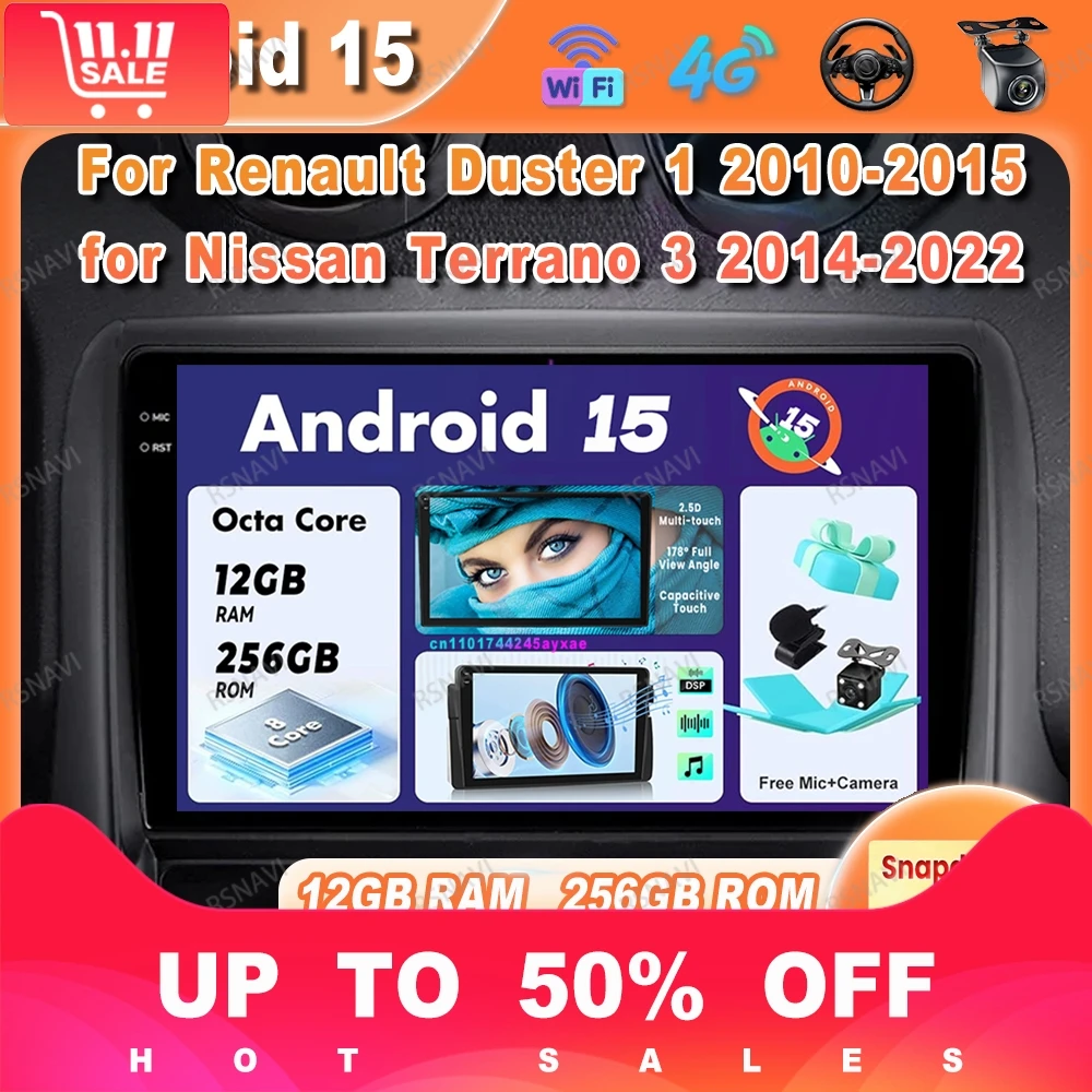 Car Radio Android 15 For Renault Duster 1 2010 2011-2015 for Nissan Terrano 3 2014-2021 2022 DSP Qualcomm Stereo Autoradio DVD