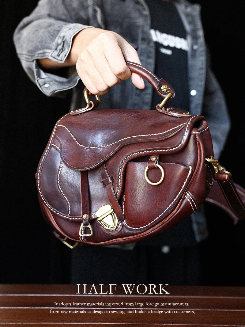 Plant-tanned Vintage Leather Men Bag Saddle Bag Top Layer Leather Handbags Crossbody Bag Shoulder Bag Wide Strap Chest Bags