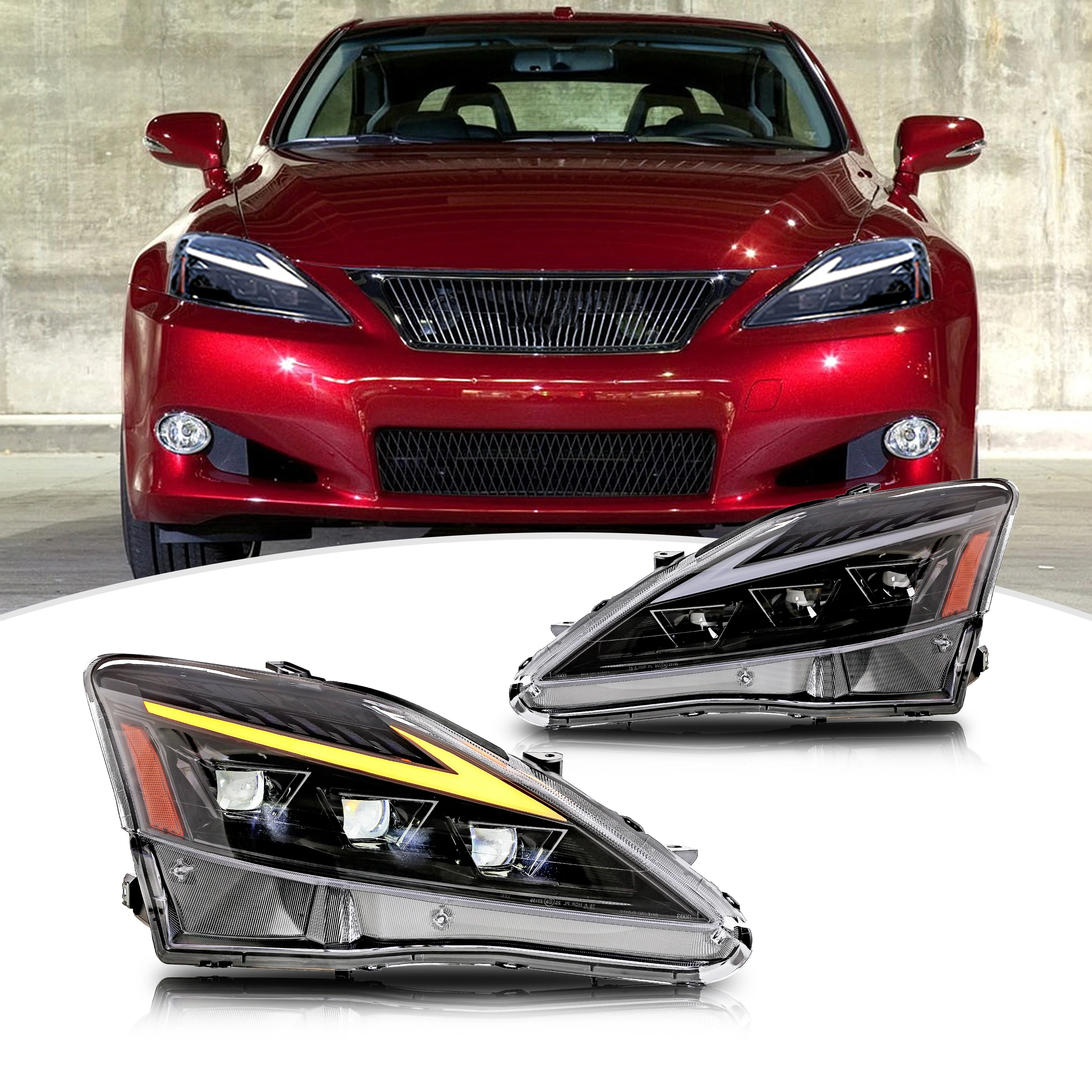 

LED Headlights for Lexus IS250 IS350 ISF IS ii 2006-2013 DRL Triple Projectors Sequential Turn Signal Front Lamps Assembly