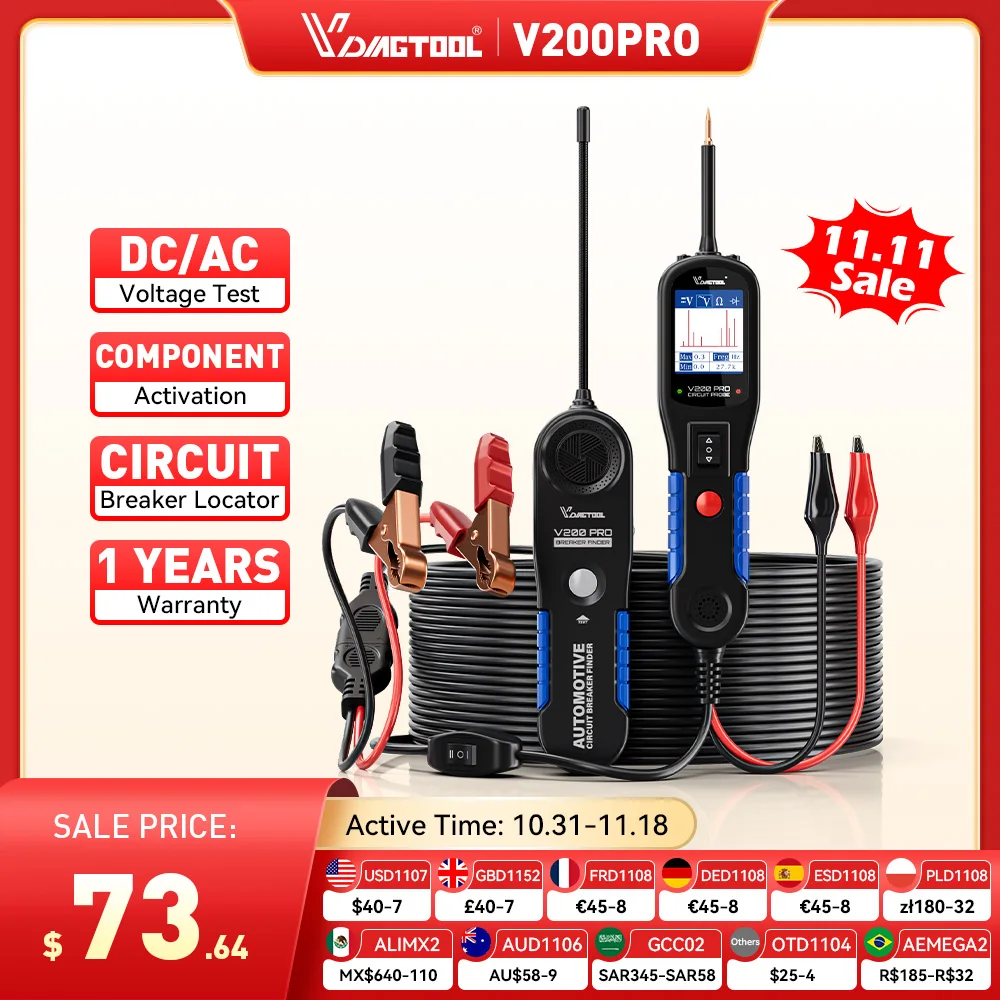 VDIAGTOOL V200PRO 12/24V Automotive Power Circuit Probe Tester 40FT/12M Cable Relay Fuse Tester Fuel Injector Short Circuit Test