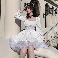 Sweet Puff Sleeve Dress Women Square Neck Kawaii Lace Lolita Dress Japan Cute White Princess Dress Elegant Party Vestidos Y2K