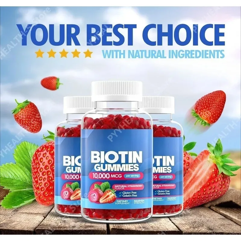 Gomitas de Biotina para el Crecimiento del Cabello, Piel y Uñas, Vitaminas de Biotina para Mujeres y Hombres, Gomitas con Delicioso Sabor a Fresa