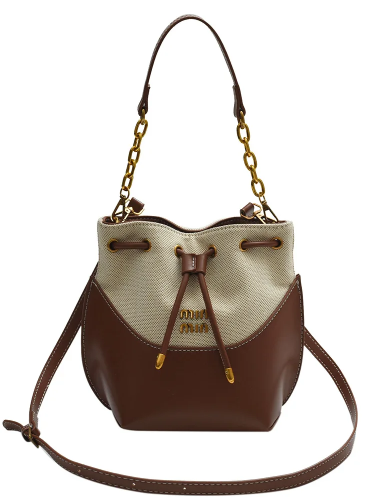 

2025 new style color-blocked canvas bucket bag, hand-held bag, trendy cross-body bag, vintage shoulder bag, slanted shoulder bag