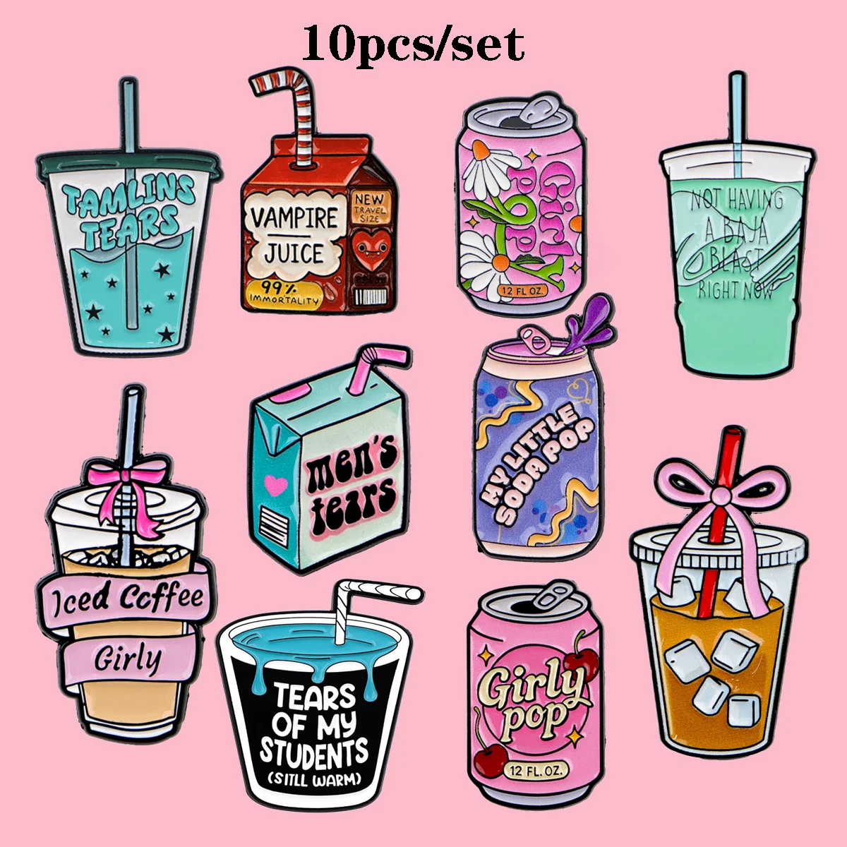 10Pcs Drink Brooch Iced Coffee Juice Quote Metal Enamel Pins Set Badge on Backpack Clothing Accessories Jewelry Gift for Friend