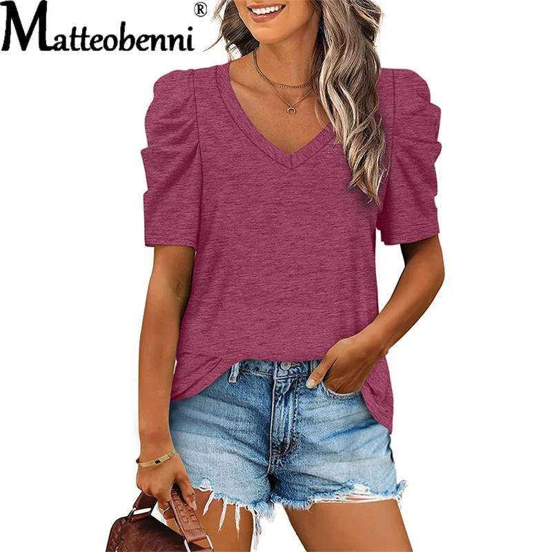 

2022 New Womens Casual Short Sleeve Loose T-Shirts Solid Color Pleated Tops V-Neck Female Street Pullover Tops Summer Clothes