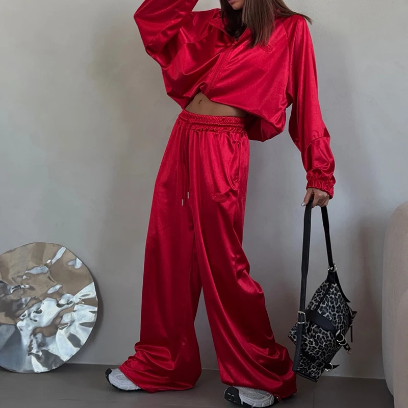 

Fashion Solid Color Women's Tracksuits Casual Long Sleeve Loosed Pocket Pants Set Spring Summer New Lapel Zipper Coat&Pants Sets