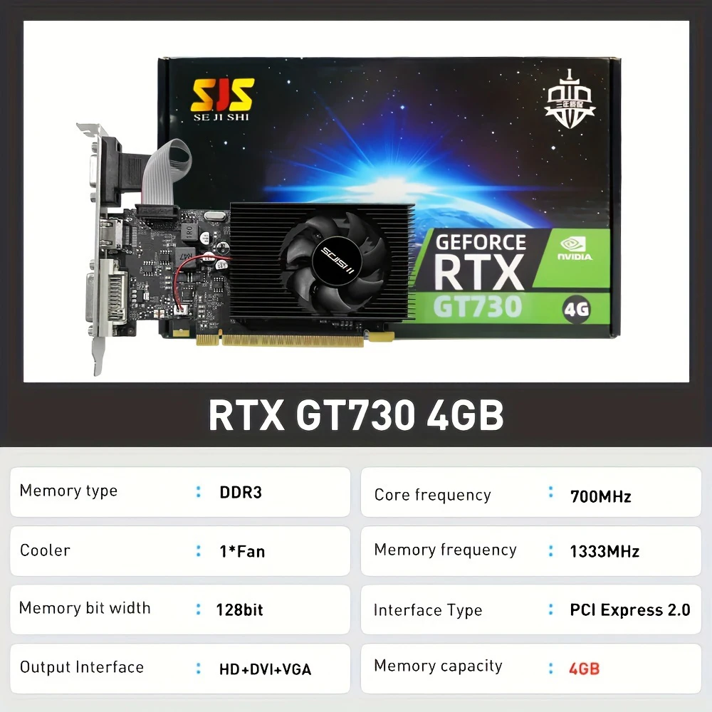 بطاقة فيديو SEJISHI GeForce GT730 عرض بطاقات Vga 4GB DDR3 128Bit بطاقة رسومات الكمبيوتر NVIDIA لعبة PC GT 730 4GD3 HD DVI