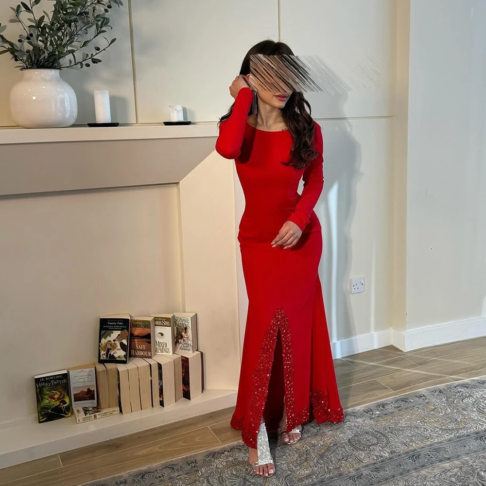 

Modern Straight Ankle Length O-neck Jersey Red Special Occasion Gowns Crystal Backless Pleats Front Slit Saudi Arabia Women