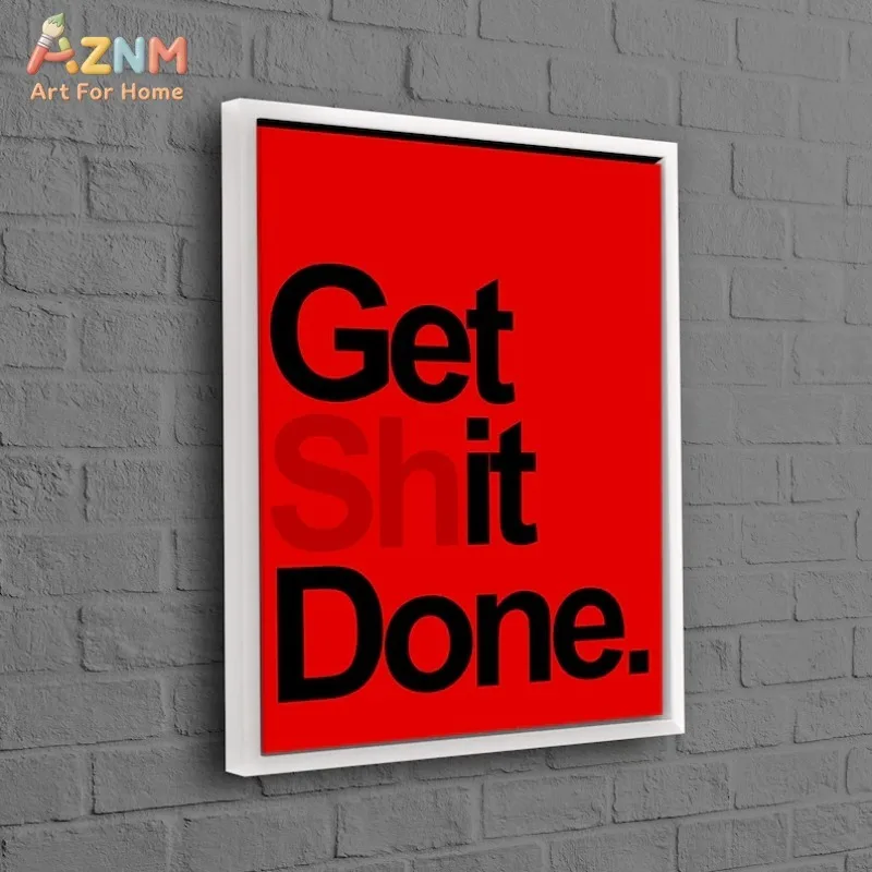 AZNM Get It Done Motivational Canvas Wall Art Bright Red Bold Black Text Minimalist Typography Print Unframed Canvas Office Deco