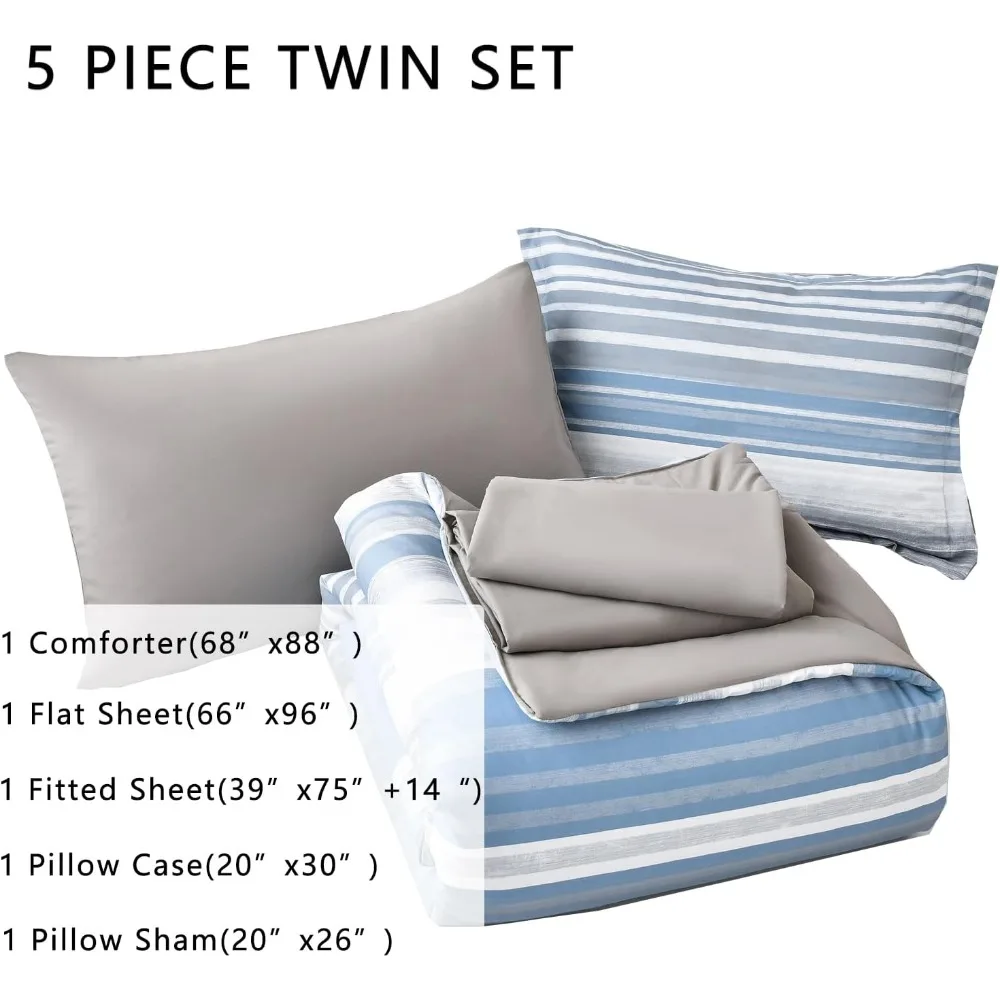 5 Piece Bed in A Bag Stripe Comforter Set Twin Size, White Grey Blue Striped Comforter and Sheet Set