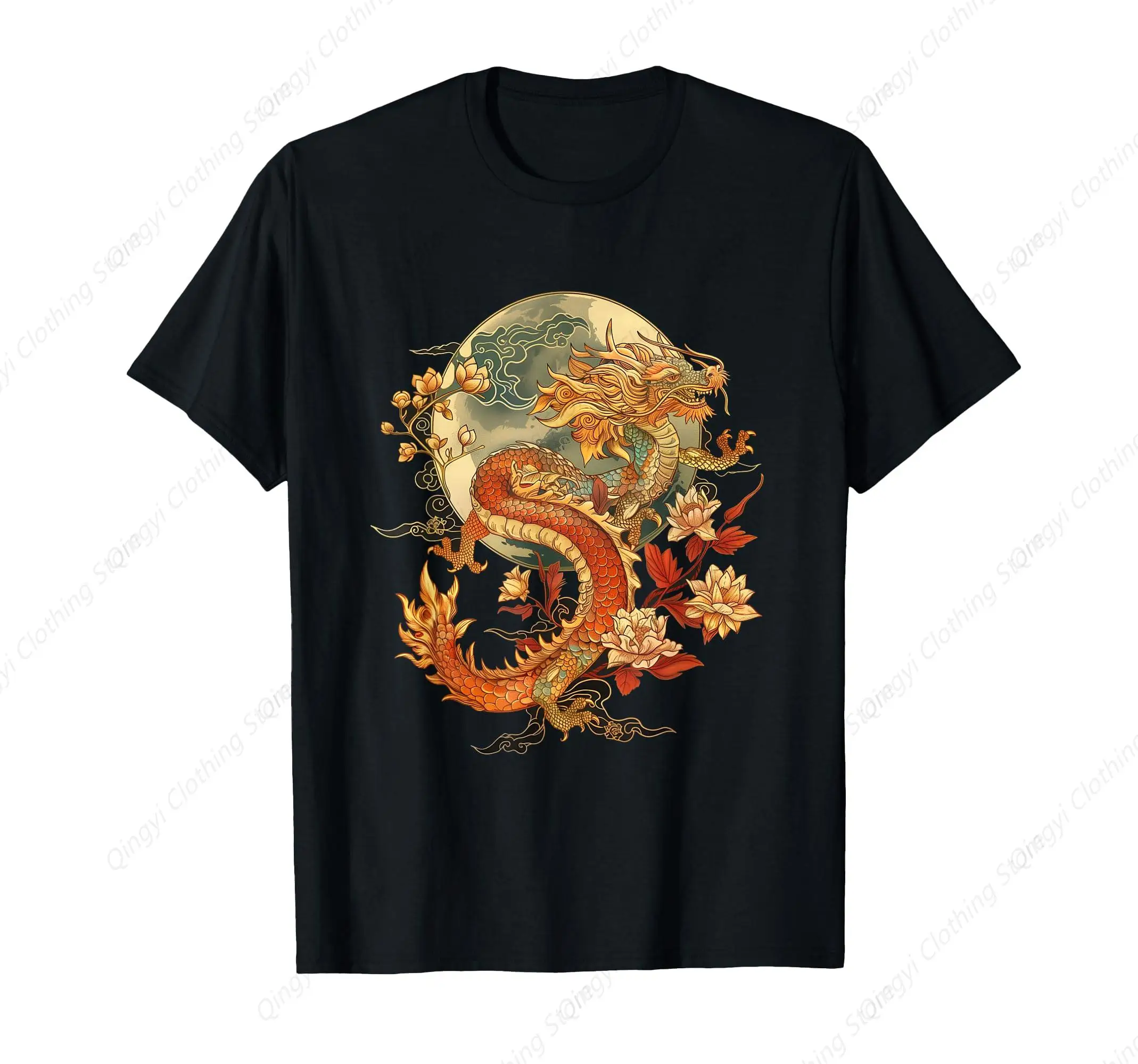 Crimson Lunar Floral Dragon Art Noveau T-Shirt