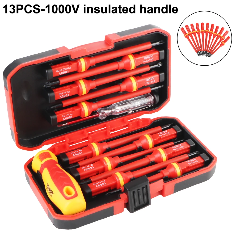 

Phillips Slotted Bits 1000V Insulated Screwdriver Set Magnetic Screwdriver For Electrician Hand Tools Multifunctional 13 Pcs
