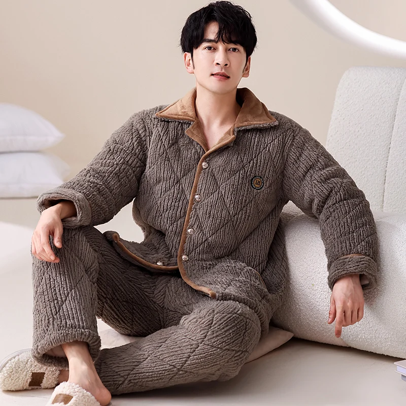 Winter Splice Pajamas Men Thick Quilted Pajama Set Casual Home Clothes Coral Fleece Sleepwear Suits Men's Clothing Pijama Hombre
