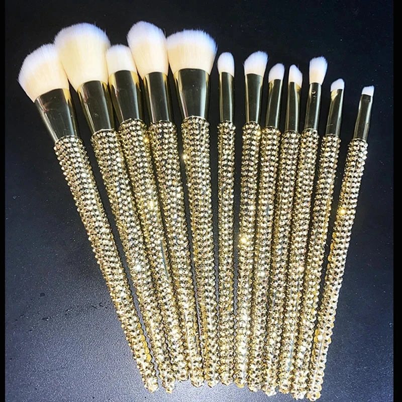 12Pcs/set Diamond-studded Makeup Brushes Gems Makeup Beauty Tools Full Diamond Loose Powder Foundation Concealer Brush Bling