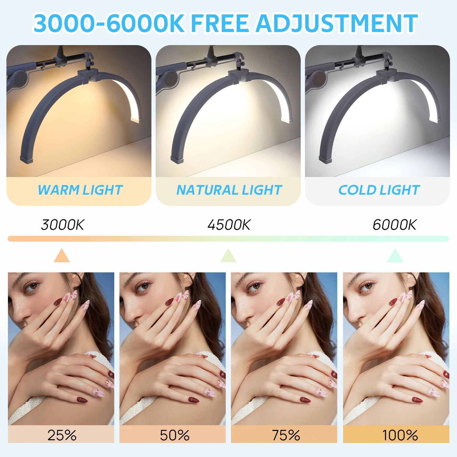 半月の形をした折りたたみ式で刺繍された光,半月の形をしたライト,美容院の照明,眉毛,マニキュア