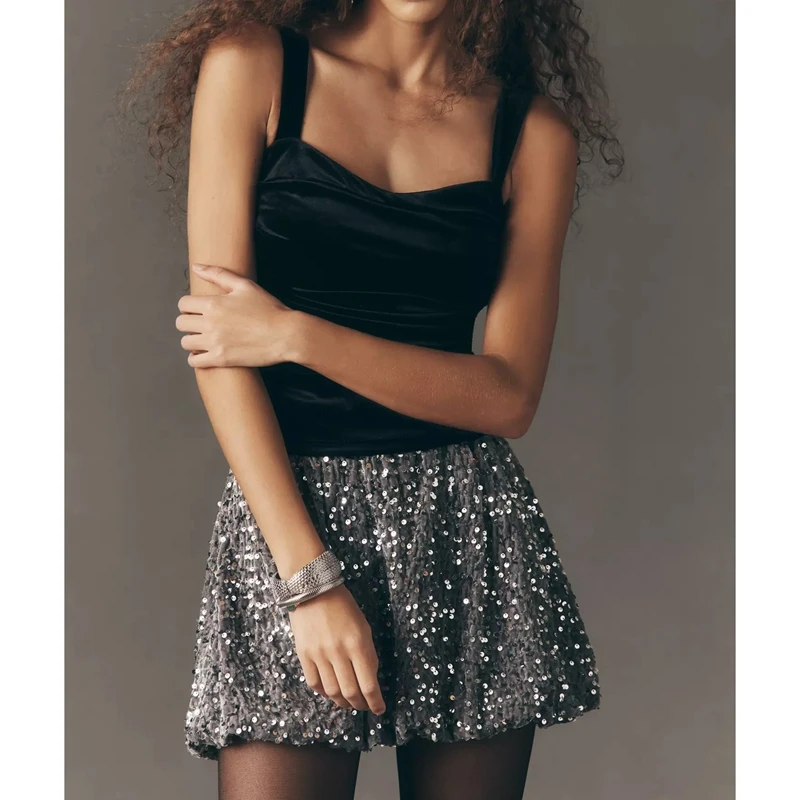 Women Party Clubwear A-line Mini Skorts Shiny Glitter Sequins Y2k Elastic Low Waist Ruffle Bubble-Hem Short Skirt