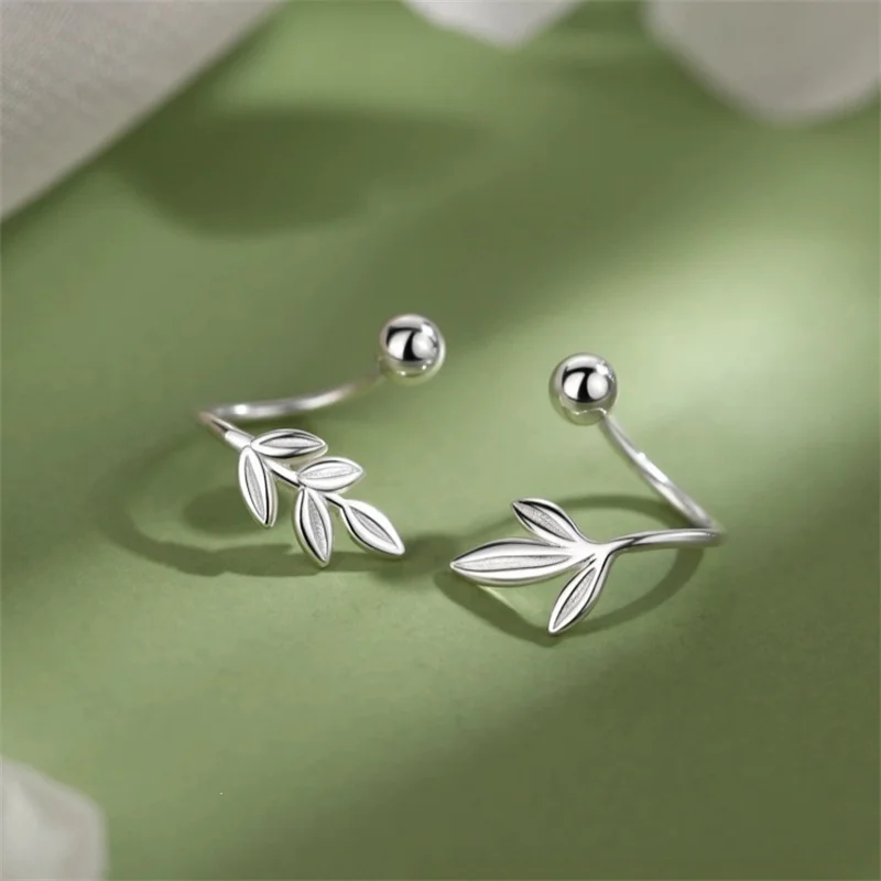 925 Silver Plated Asymmetry Leaf Stud Earrings for Women Girls Party Birthday Jewelry Minimalist Accessories eh388