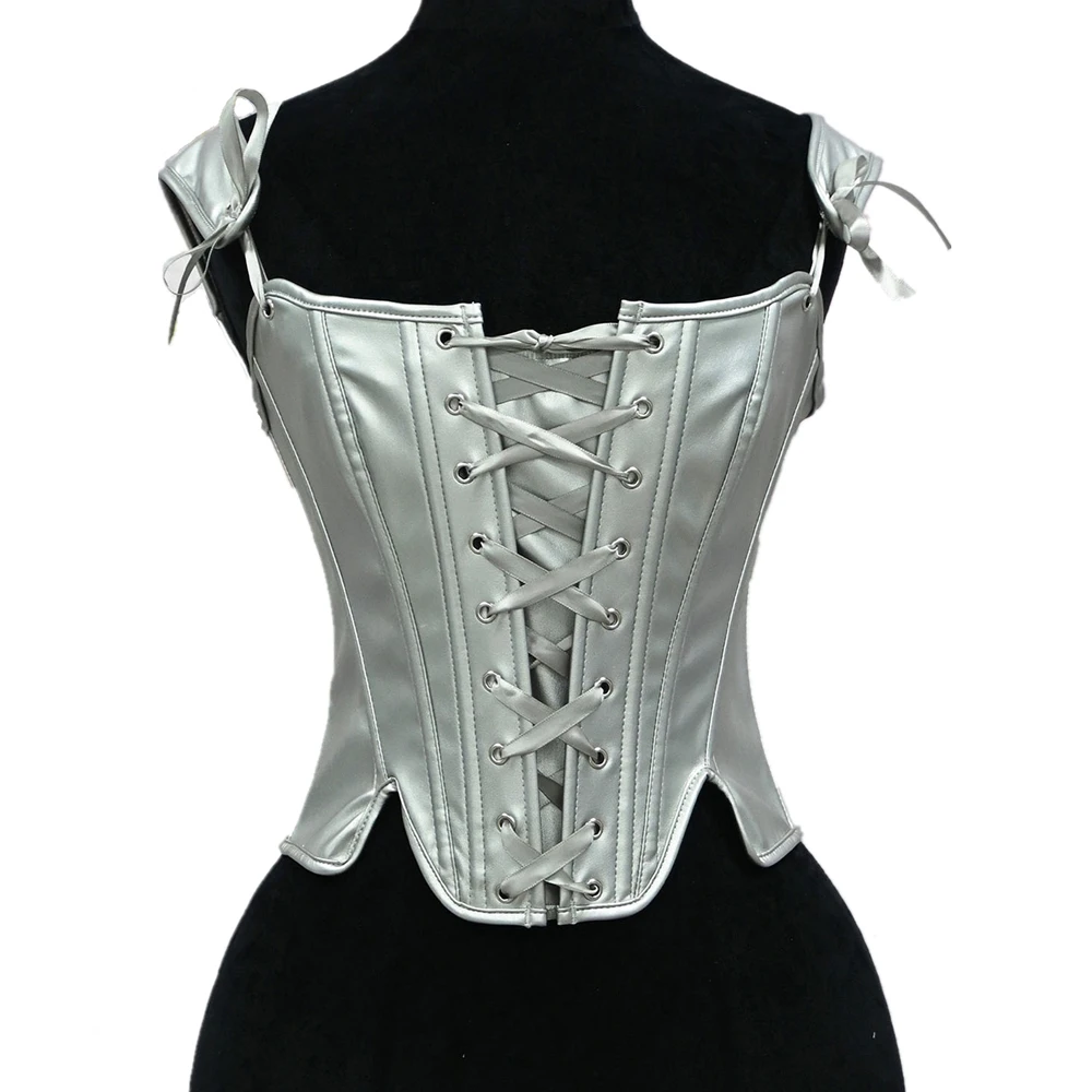 Top corsé de cuero PU plateado para mujer, chaleco vintage con cordones frontales, corsé tipo camiseta, ropa punk gótica, corsé sexy, ropa urbana.