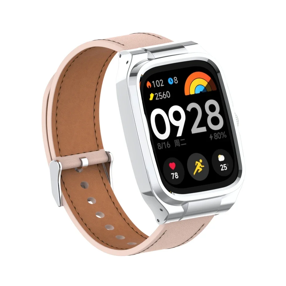 Leather suitable for Redmi watch 4 strap, high-quality Leather strap, metal protection case for Redmi Watch 4 replacement strap