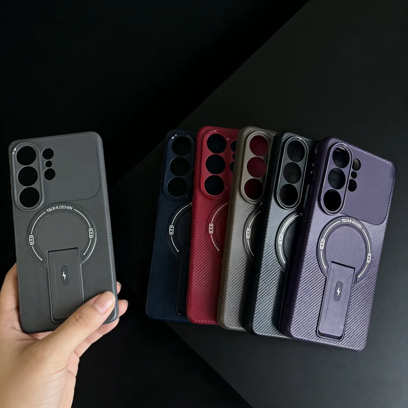 Capa de telefone com suporte magnético de fibra de carbono para Samsung S26 Ultra S25 Edge S24 FE S23 S22 Plus A35 A36 A52 A54 A16 A15 A14 A07 A06