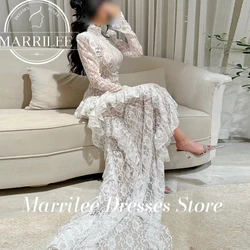 Marrilee Sweep Train High Neckline Backless Buttons Lace Solid Color Ruffles Elegant Party Evening Dresses Woman Side Silt