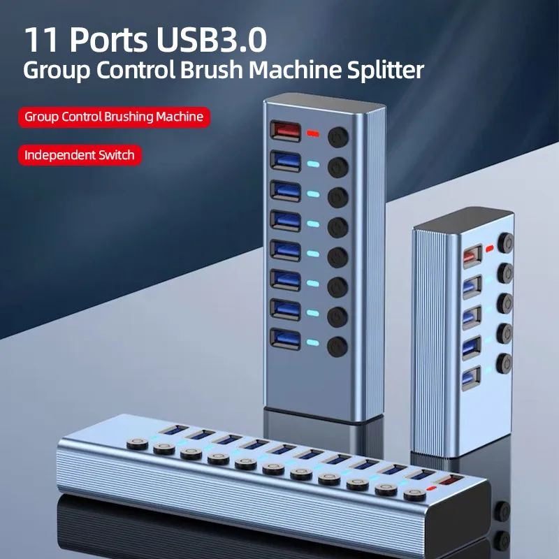 Metal USB 3.0 Hub Multi USB Splitter 5/8/11/20 Ports USB Extension with On/Off Switches Power Strip Adapter for PC Laptop