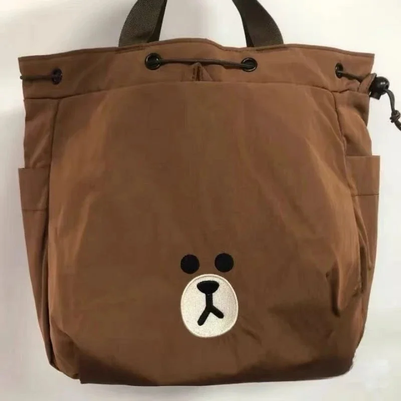 

Рюкзак на шнурке с коричневым медведем в корейском стиле, мультяшная сумка на плечо для ежедневного использования, повседневная большая вместительная дорожная школьная сумка-тоут
