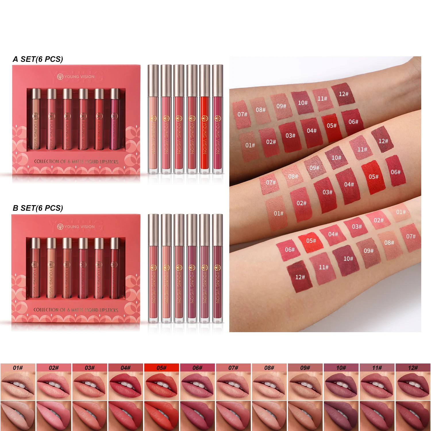 6 Stück/Packung Lipgloss-Set, langlebiger, antihaftbeschichteter, flüssiger Lippenstift, samtmatter Lipgloss