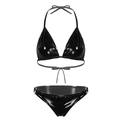 Womens Micro Bikini Set Shiny Metallic Bra Top with Thong 2 Piece Lingerie Set Extreme Swimwear Swimsuit Sexy Bathing Suit