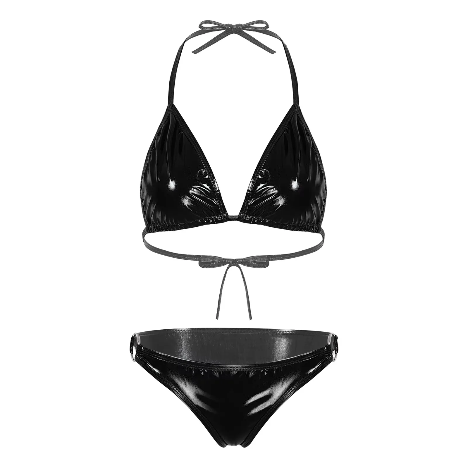 Womens Micro Bikini Set Shiny Metallic Bra Top with Thong 2 Piece Lingerie Set Extreme Swimwear Swimsuit Sexy Bathing Suit