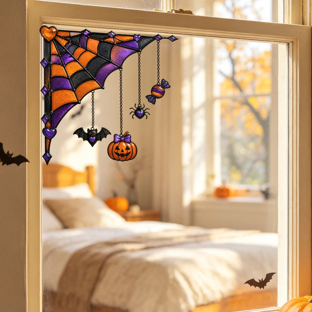 1Pc Window Films, Halloween Spooky Season - Gothic Stained Glass Spider Web, Static Cling Double Sided Glue Free, Glass Window