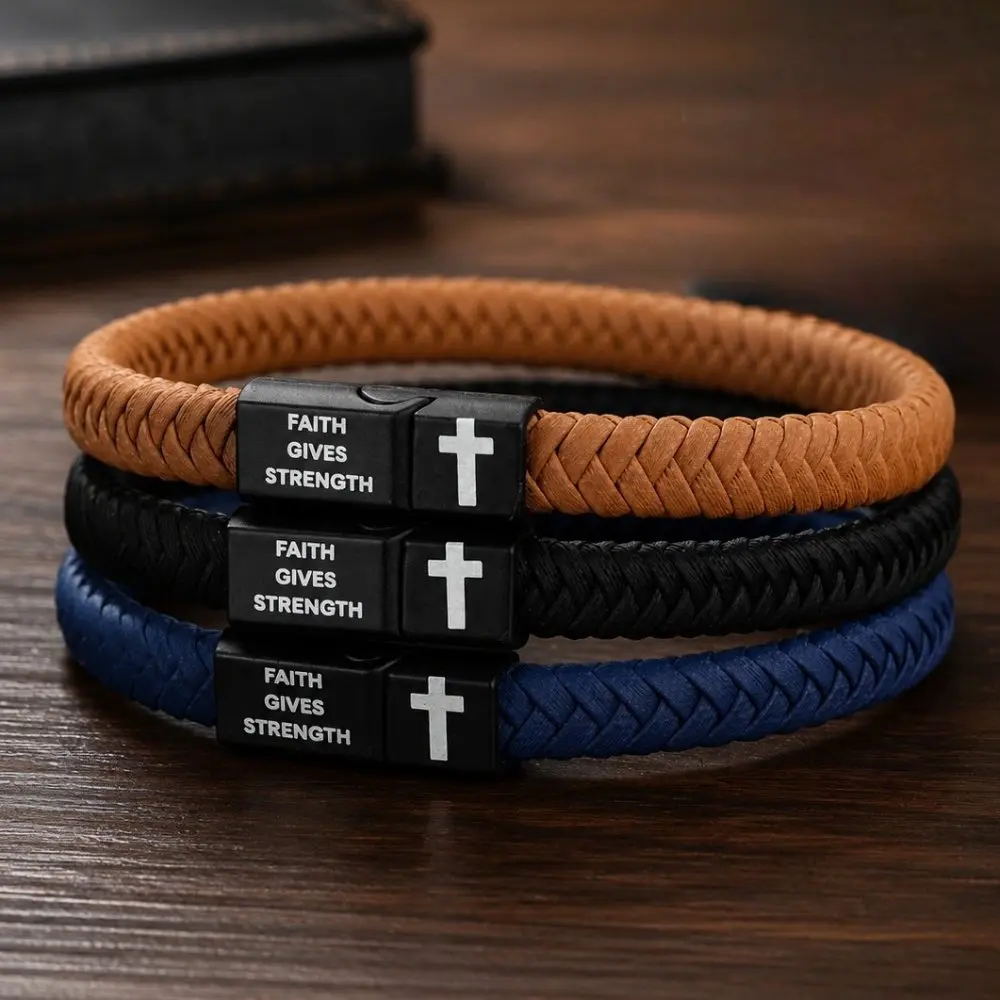 Christian Faith Bracelet Men 3 Colors Handmade Wristband Cross FAITH GIVES STRENGTH Engraved Religious Inspirational Bangle