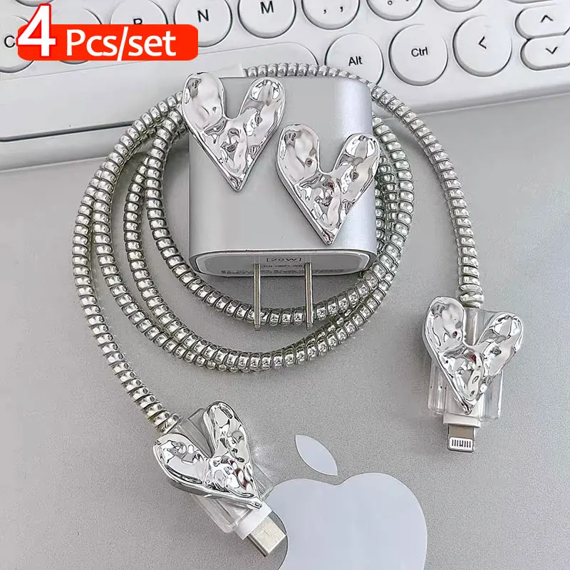 4Pcs Cable Protector Set for iPhone Original Cables Charger Cute Kawaii 3D Love Heart Design Soft Charger Protective Case