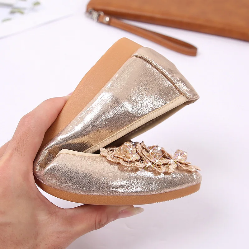 Metal Bow Crystal Shoes for Women Ballerina Flats Pointed Toe Gold and Silver Loafers Plus New Arrivals American Styles