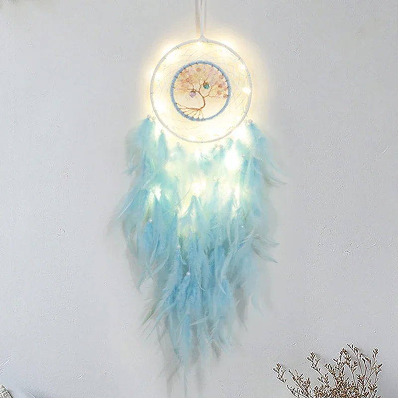 Sky Blue Feather Dream catchers Handmade Tree Of Life Dream Catchers Ornaments Wall Hanging Gravel Craft Home Decor Dreamcatcher