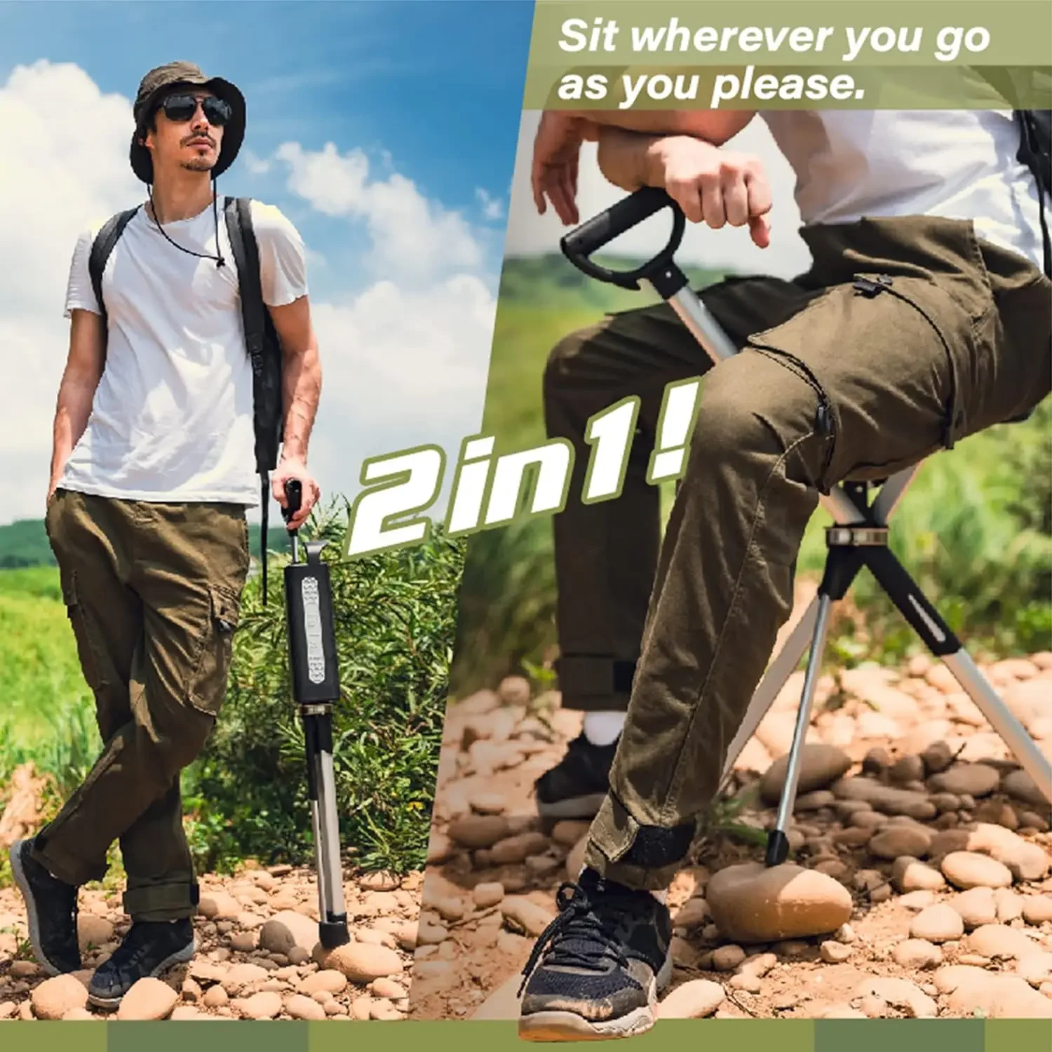 Chair Series 2- Portable Walking Stick, Cane with Seat, Foldable Chair, Hiking Stick, for Camping, Hiking,