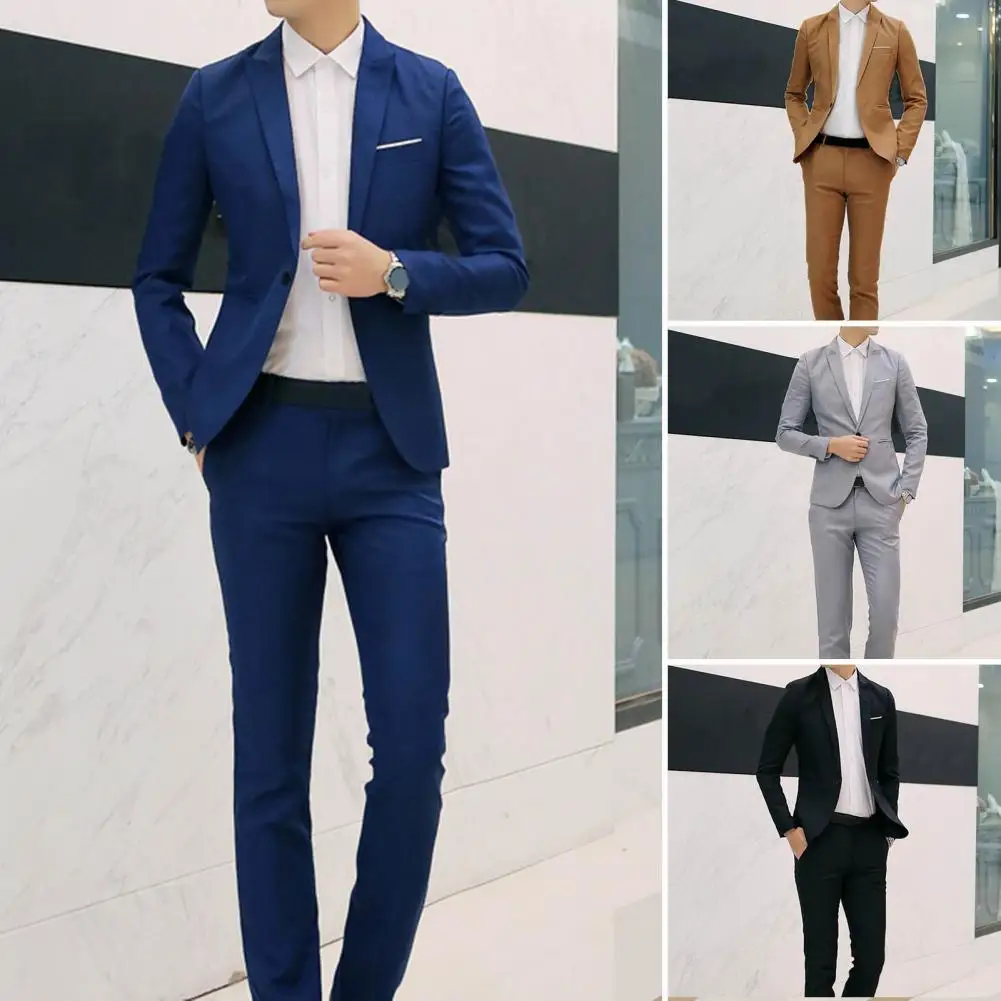 1 Set Attractive Groom Suit Super Soft Men Suit Solid Color Slimming Pure Color Blazer Pants  Fine Stitching