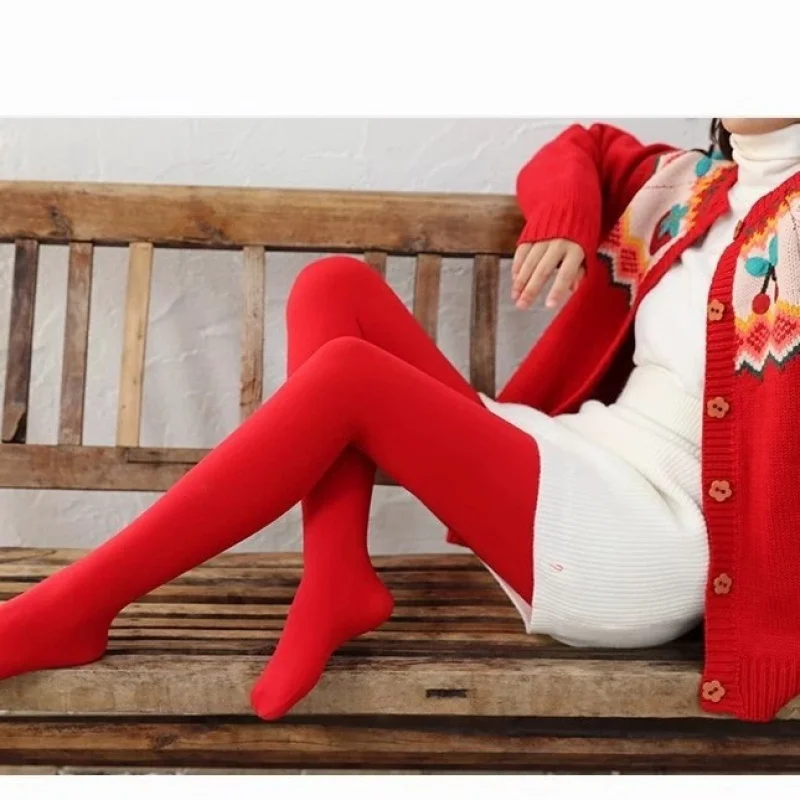 Autumn Winter New Women's Bright Red Leggings-lifting Slimming Zodiac Year Wedding Footed Fleece-lined Thickened One-piece P