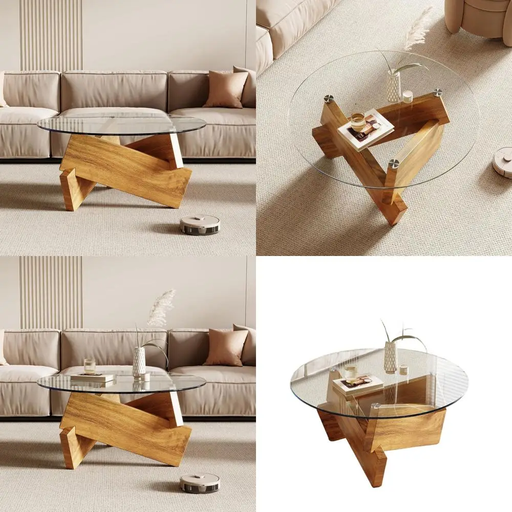 

Natural Wood Modern Coffee Table, 30.7 Diameter x 16.1 High, Tempered Glass Top for Living Spaces