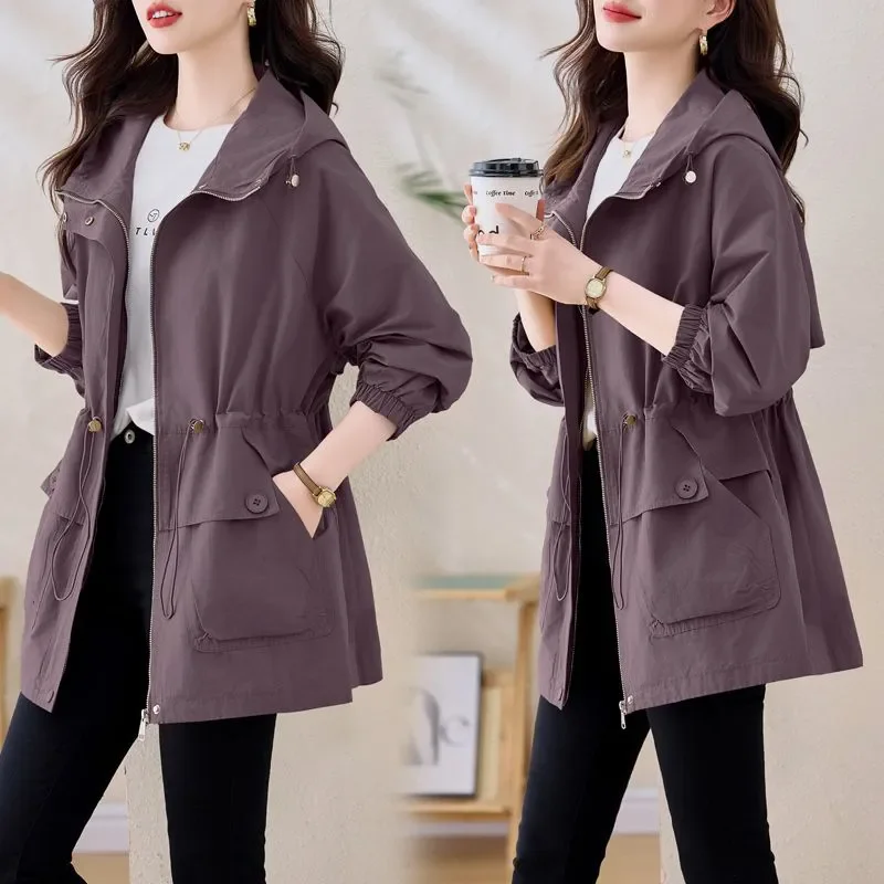 

2025 New Spring Autumn Trench Coat Women Casual Long Sleeve Hooded Medium Long Female Overcoat Femme Windbreaker Gabardina Mujer