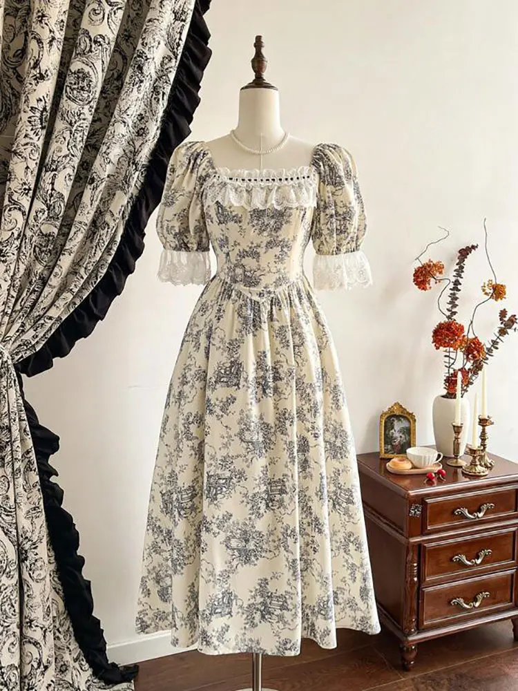 Nuevo vestido largo de talla grande con estampado botánico para mujer, cuello cuadrado, encaje, mangas cortas abombadas, vestidos de fiesta ajustados, bonito vestido de cumpleaños francés