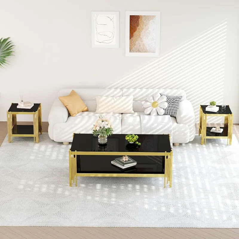 طقم طاولة قهوة زجاجية مكونة من 3 قطع، طاولة قهوة من الزجاج المقسى باللون الأسود مكونة من طبقتين من الفولاذ المقاوم للصدأ - للفتيات #2