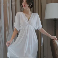 Fashion Sexy Sleeping Dress Deep V-shaped Transparent Mesh Nightdress Skirt Womens Lace Nightgown Sleepwear Lingerie Night Dress