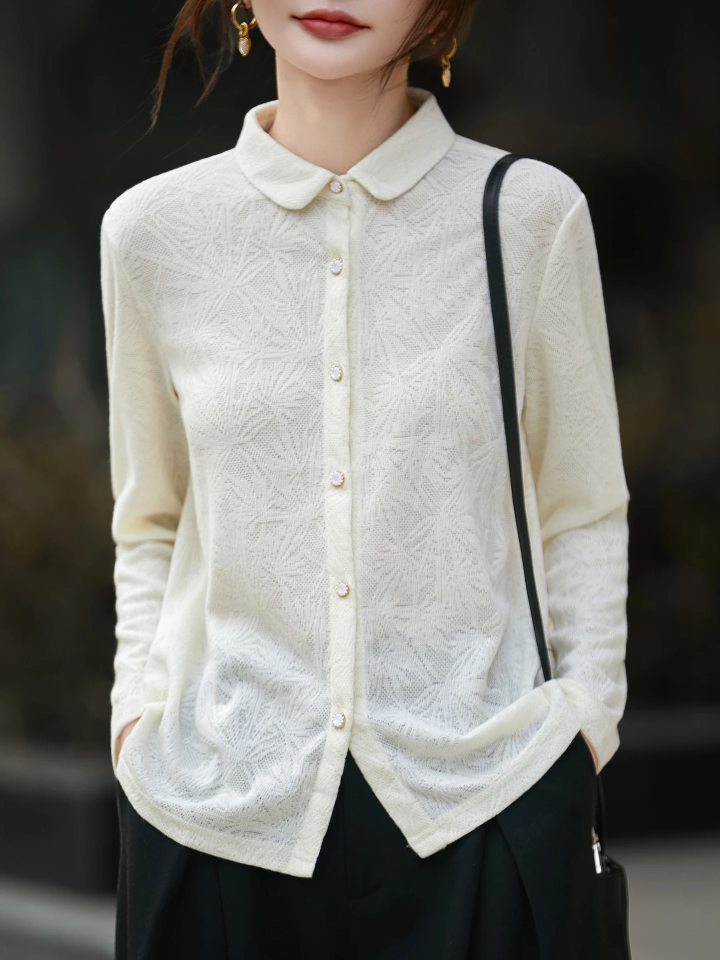 

Fall Winter Commute Chic Collared Knit irt Versatile White irt Women Single Button Slimming Base irt Versatile Sweater