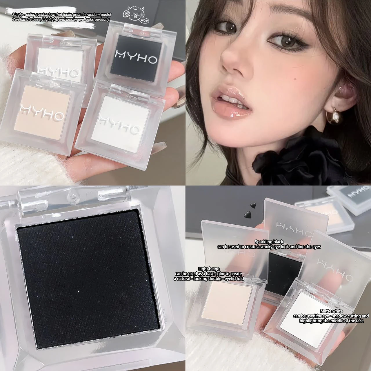 Paleta de sombras de ojos de larga duración, color blanco mate y negro ahumado, delicada, monocromática de alto pigmento, mejora de contorno, para uso diario