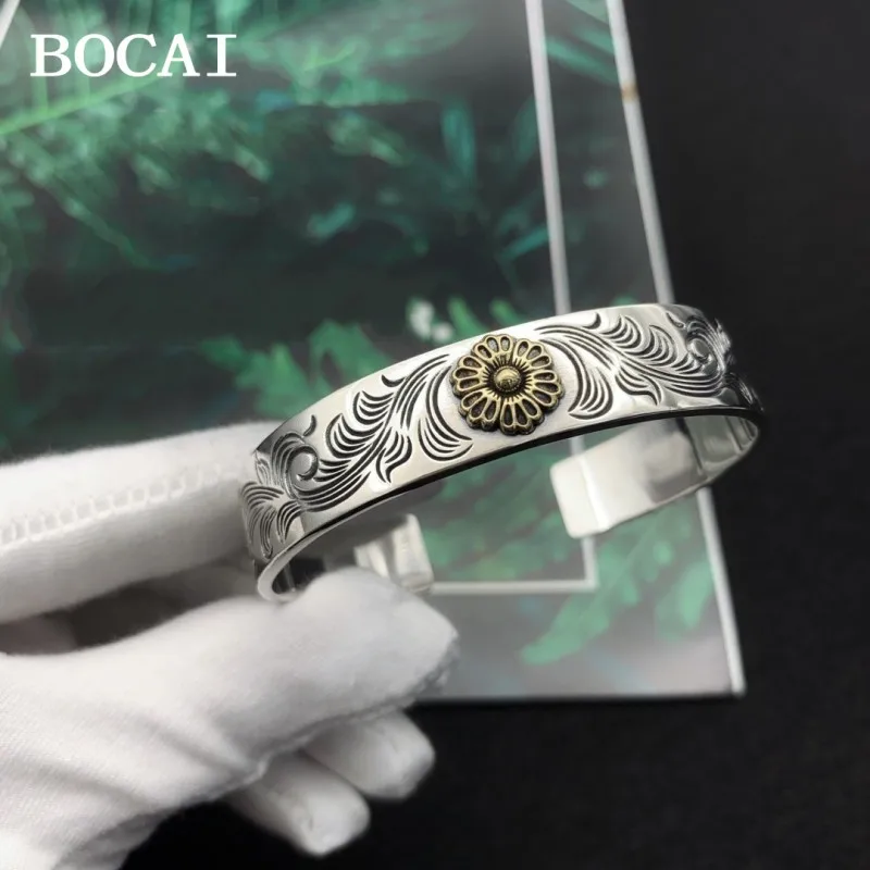 

BOCAI New S925 Silver Retro Trendy Personalized Rose Flower Tangcao Pattern Bracelet Couple Style