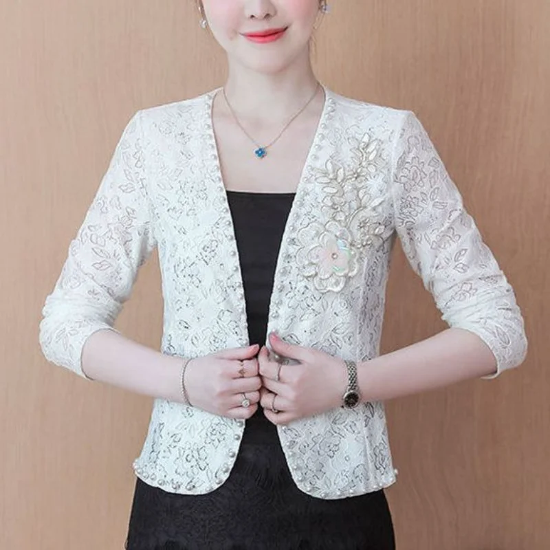 2023 Summer New Long Sleeve Hollow Out Lace Thin Temperament Women\'s Clothing Casual Korean Version Tops Sunscreen Cardigan